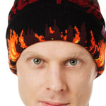DETAIL OF A MALE MODEL WEARING A BEANIE HAT WITH FLAMES AND THE WORDS "TILL I DIE"