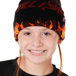 A YOUTH MODEL WEARING A BEANIE HAT WITH FLAMES AND THE WORDS "TILL I DIE"