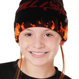 A YOUTH MODEL WEARING A BEANIE HAT WITH FLAMES AND THE WORDS "TILL I DIE"