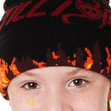 DETAIL OF A YOUTH MODEL WEARING A BEANIE HAT WITH FLAMES AND THE WORDS "TILL I DIE"