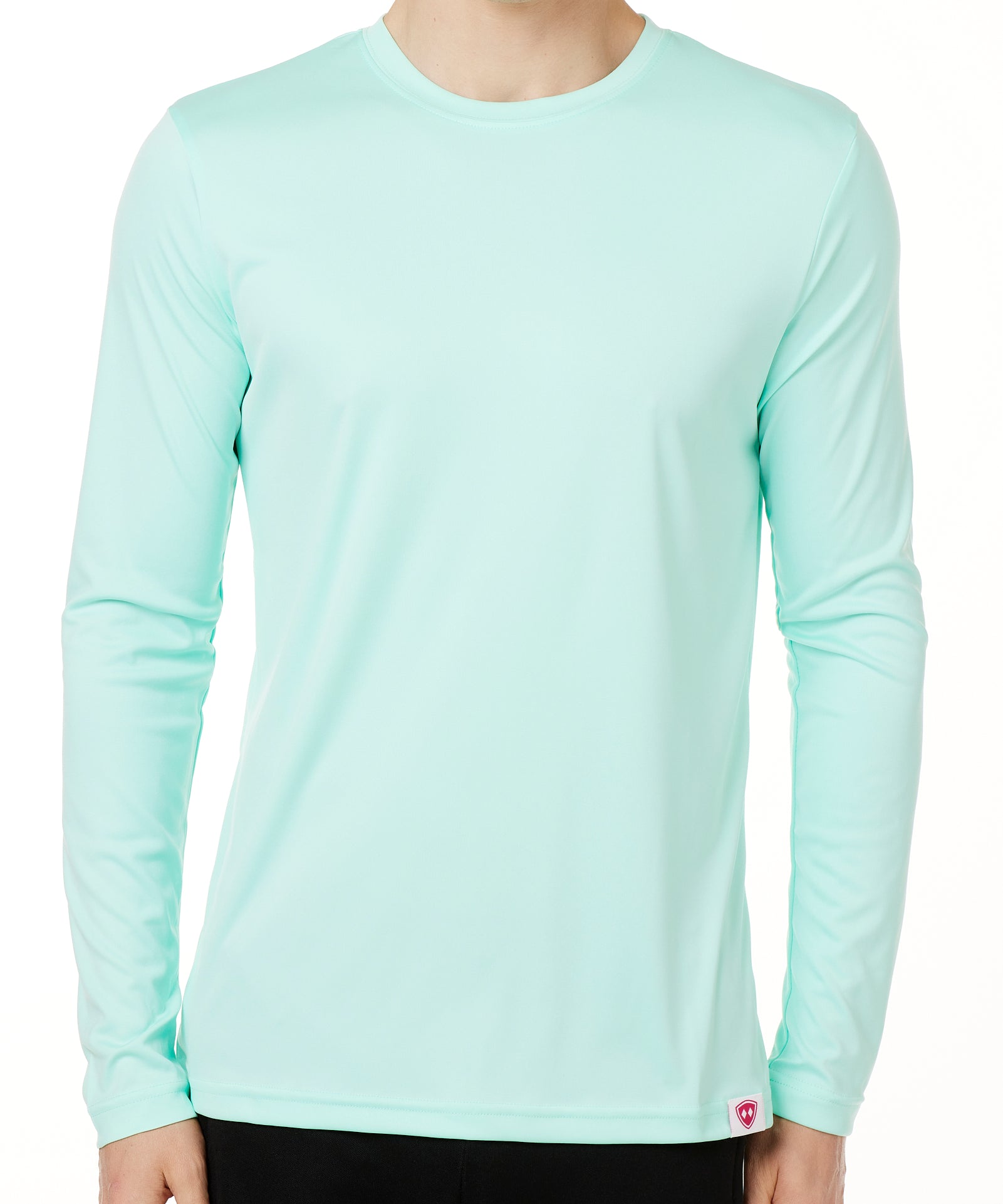MALE MODEL WEARING A MINT GREEN LONG SLEEVE BASE LAYER