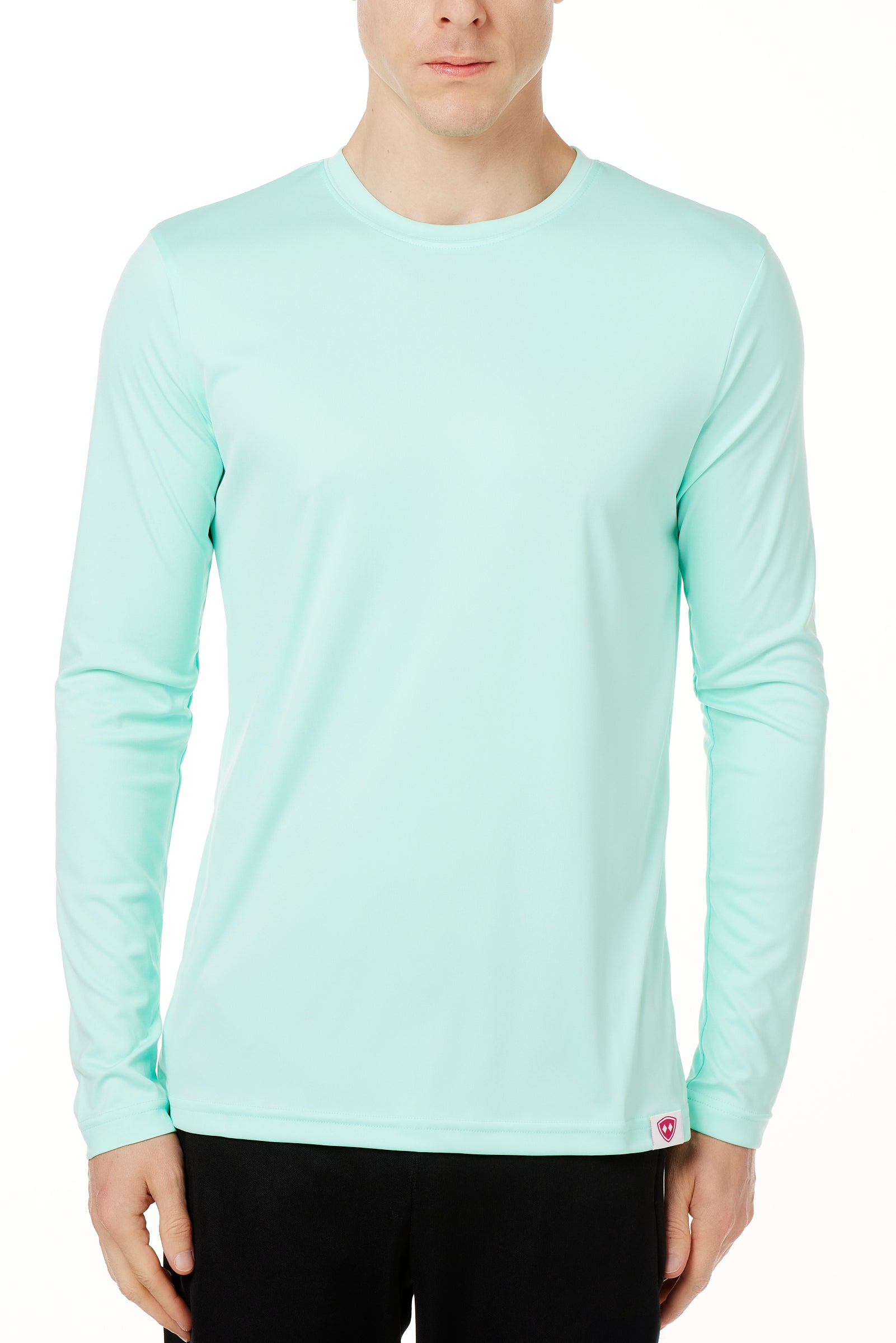 MALE MODEL WEARING A MINT GREEN LONG SLEEVE BASE LAYER