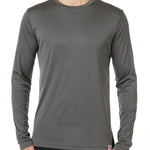 MALE MODEL WEARING A GRAY LONG SLEEVE PERFORMANCE LAYER