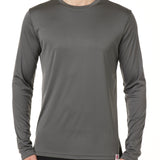 MALE MODEL WEARING A GRAY LONG SLEEVE PERFORMANCE LAYER