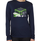 FEMALE MODEL WEARING A NAVY LONG SLEEVE PERFORMANCE SHIRT WITH A GRAPHIC OF A HOT TUB AND THE WORDS "EXPERTS ONLY"