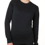 FEMALE MODEL WEARING A BLACK LONG SLEEVE PERFORMANCE LAYER