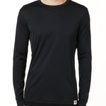 MALE MODEL WEARING A BLACK LONG SLEEVE PERFORMANCE LAYER