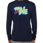Back view of a male model wearing the Bike till i die performance long sleeve shirt in navy on a white background. The graphic features a pink mountain bike layered over bold blue and yellow till i die text