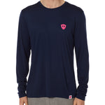 Front view of a male model wearing the Till I Die Bike performance long sleeve shirt in Navy on a white background. The shirt features a pink Double Diamond Shield logo on the wearer's left chest.