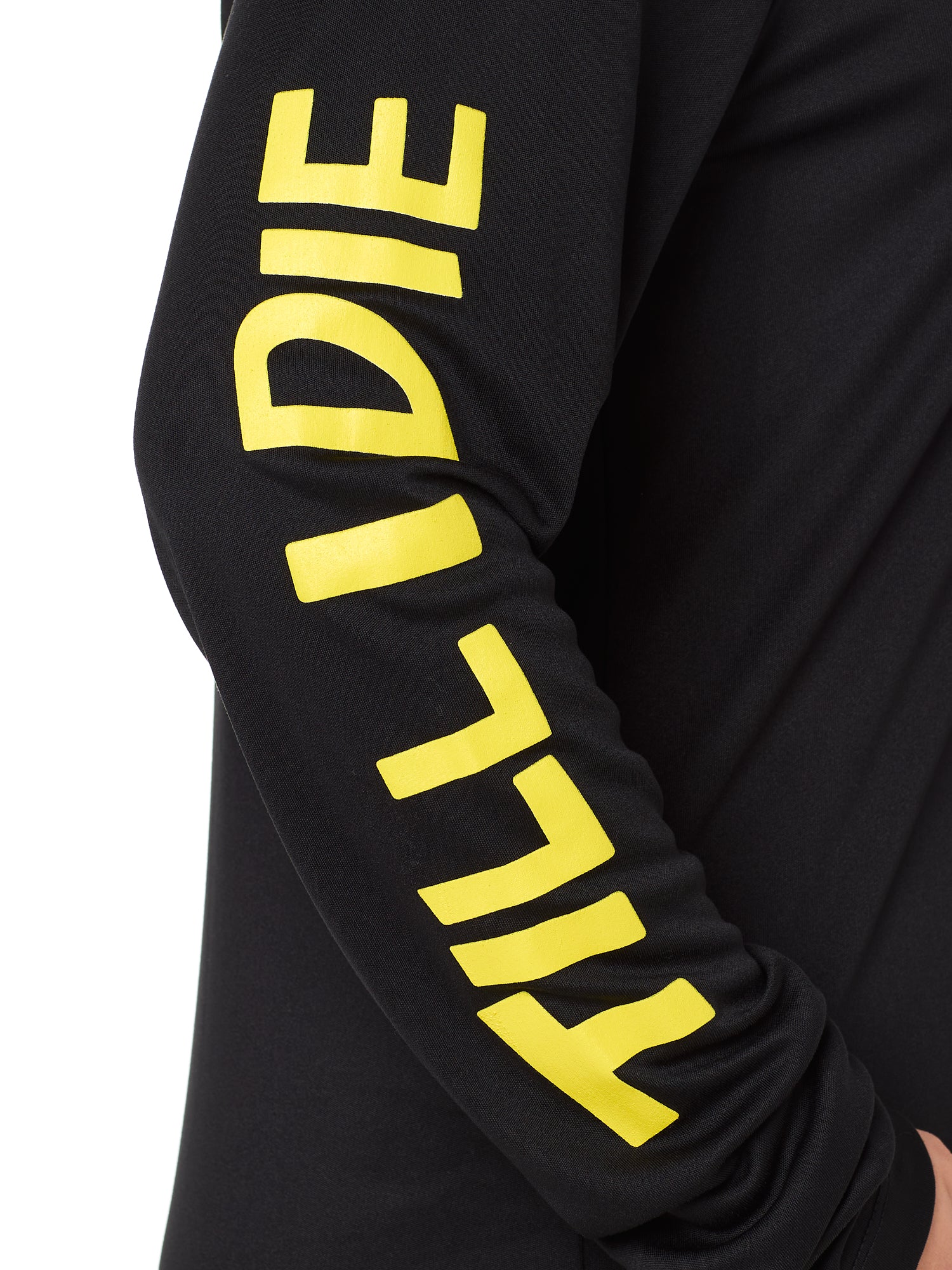 sleeve detail of the gear head performance long sleeve shirt in black featuring yellow block letter 'till i die' text