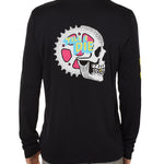 Back view of a male model wearing the Gear Head performance long sleeve Tee in black. The back graphic features a skull with gears inside the head and overlapped by yellow and blue "Till I Die" text.