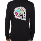 Back view of a male model wearing the Gear Head performance long sleeve Tee in black. The back graphic features a skull with gears inside the head and overlapped by yellow and blue "Till I Die" text.