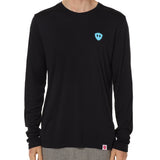 Front view of a male model wearing the Gear Head performance long sleeve tee in black on a white background. Accented with a cyan blue double diamond shield over wearers left chest.