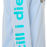 Sleeve detail of the Hammock long sleeve tee, showcasing bright teal "Till I Die" text printed along the arm.