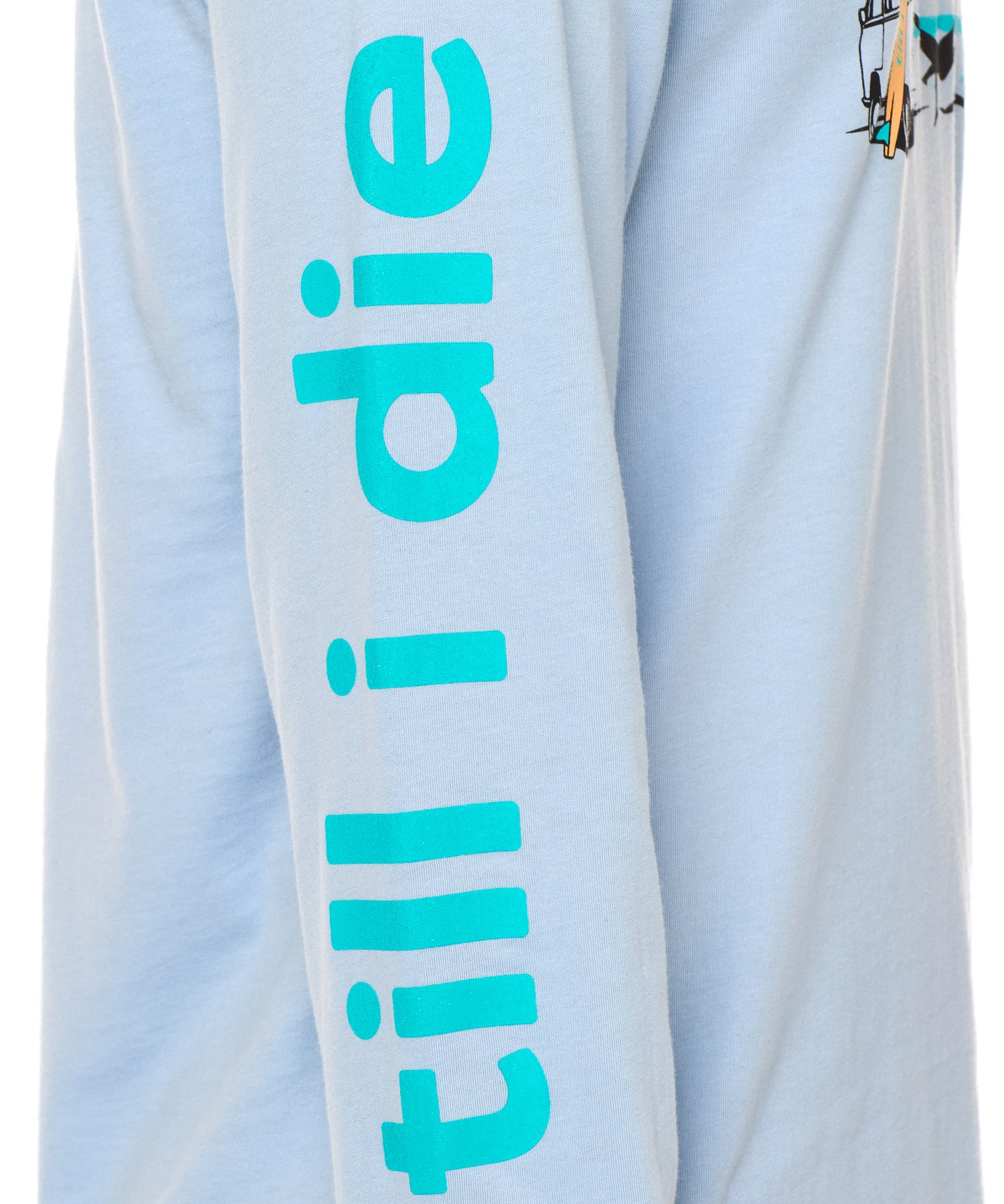 Sleeve detail of the Hammock long sleeve tee, showcasing bright teal "Till I Die" text printed along the arm.