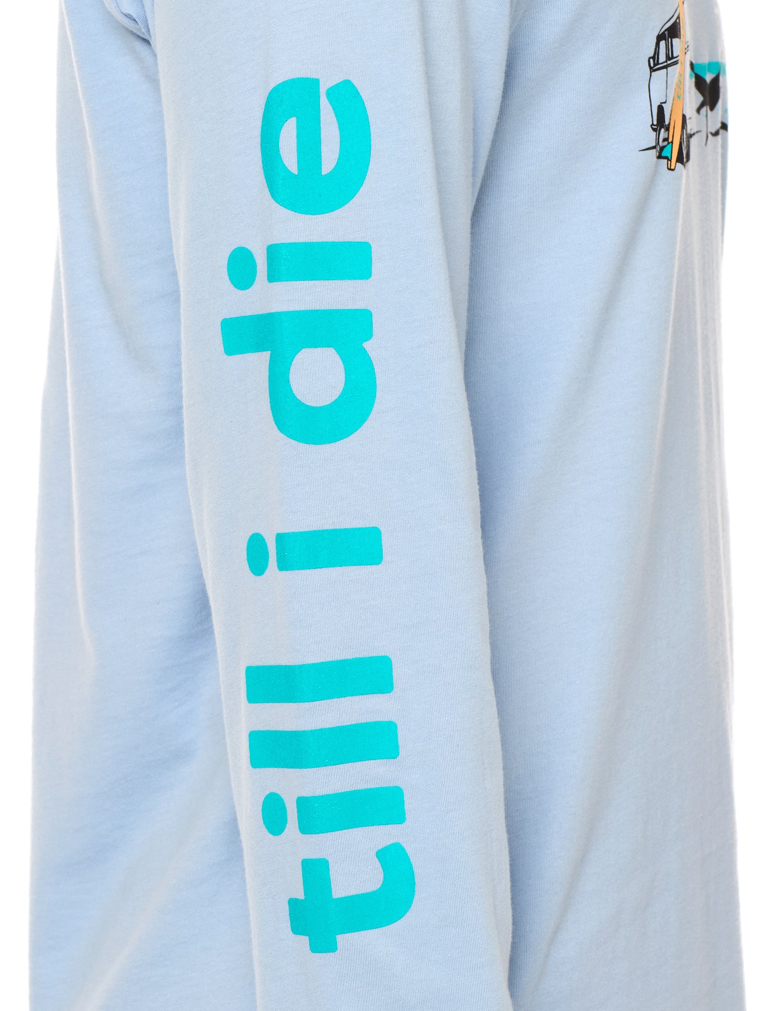 Sleeve detail of the Hammock long sleeve tee, showcasing bright teal "Till I Die" text printed along the arm.