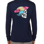 Back view of a male model wearing the Skull Wave Head performance long sleeve Tee in navy. The back graphic features a skull with a wave inside the head, overlapped by a pink surfboard and accented with yellow and blue "Till I Die" text.