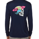 Back view of a male model wearing the Skull Wave Head performance long sleeve Tee in navy. The back graphic features a skull with a wave inside the head, overlapped by a pink surfboard and accented with yellow and blue "Till I Die" text.