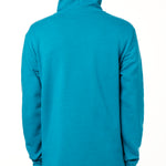 MALE MODEL WEARING A TEAL HOODIE WITH THE HOOD UP