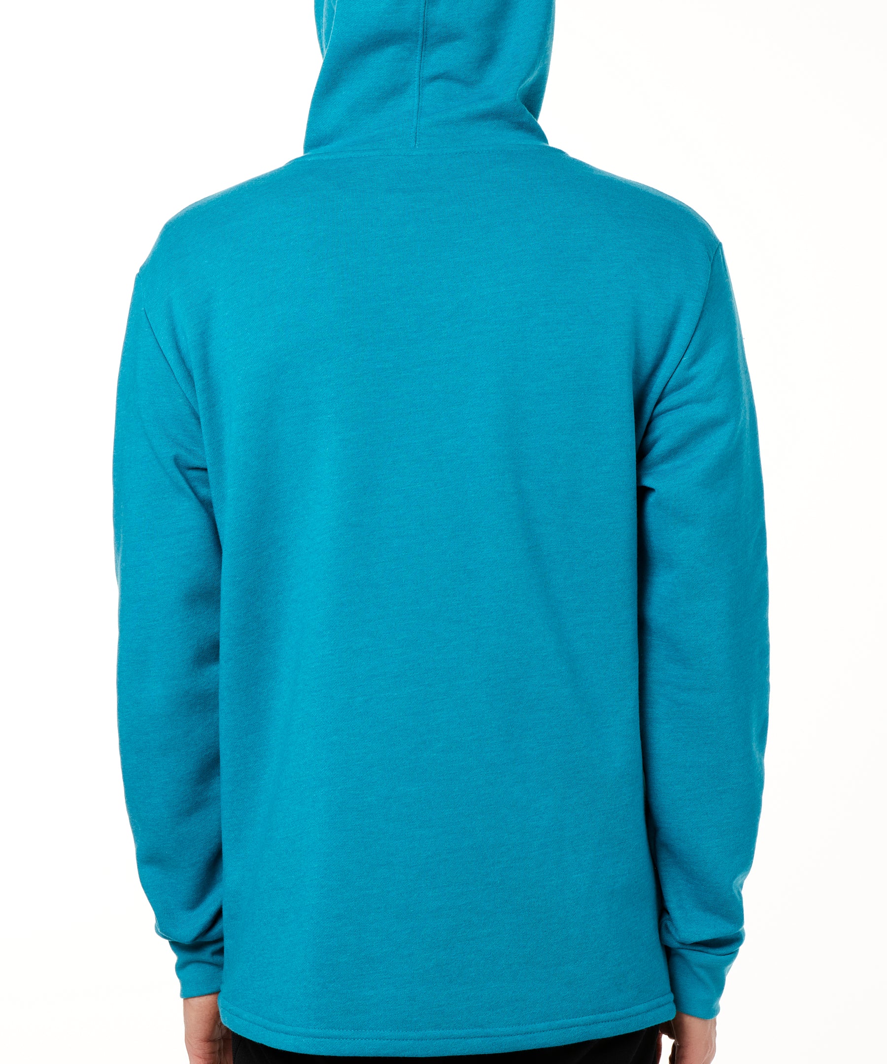MALE MODEL WEARING A TEAL HOODIE WITH THE HOOD UP