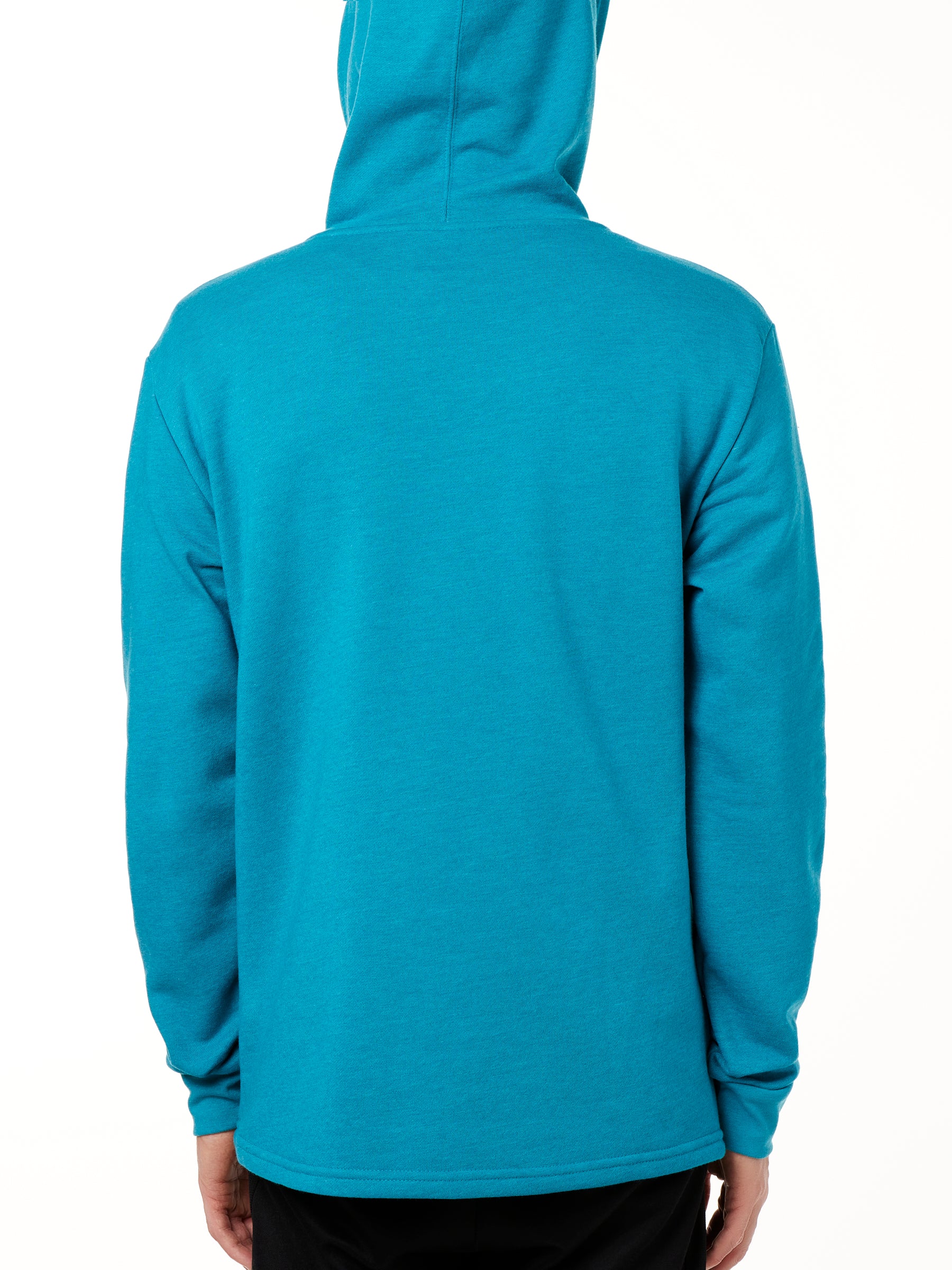 MALE MODEL WEARING A TEAL HOODIE WITH THE HOOD UP