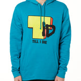 MALE MODEL WEARNG A TEAL HOODIE FEATURING A BRIGHT YELLOW "T" WITH BLACK "I" AND "D", WITH TEXT BELOW IN BLACK SAYING "TILL I DIE"