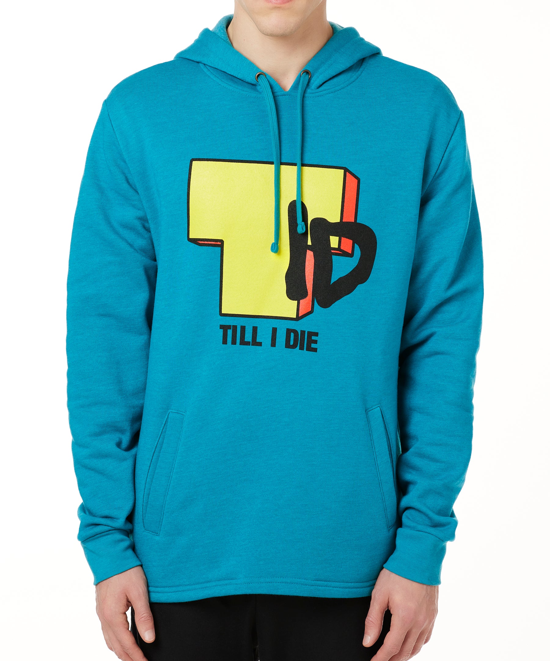 MALE MODEL WEARNG A TEAL HOODIE FEATURING A BRIGHT YELLOW "T" WITH BLACK "I" AND "D", WITH TEXT BELOW IN BLACK SAYING "TILL I DIE"