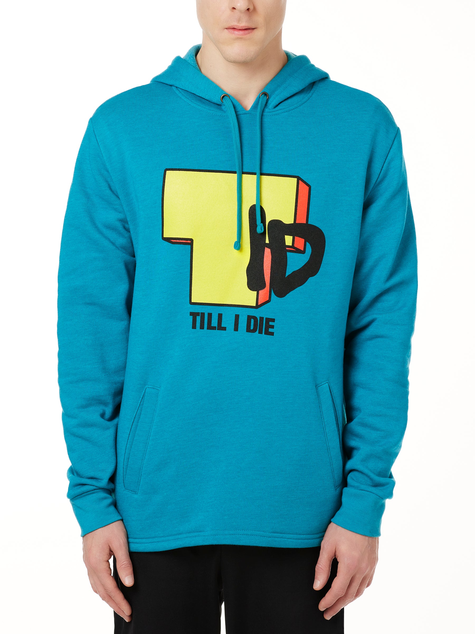MALE MODEL WEARNG A TEAL HOODIE FEATURING A BRIGHT YELLOW "T" WITH BLACK "I" AND "D", WITH TEXT BELOW IN BLACK SAYING "TILL I DIE"