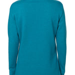 back view of a female model wearing a teal hoodie on a white background