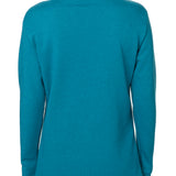 back view of a female model wearing a teal hoodie on a white background