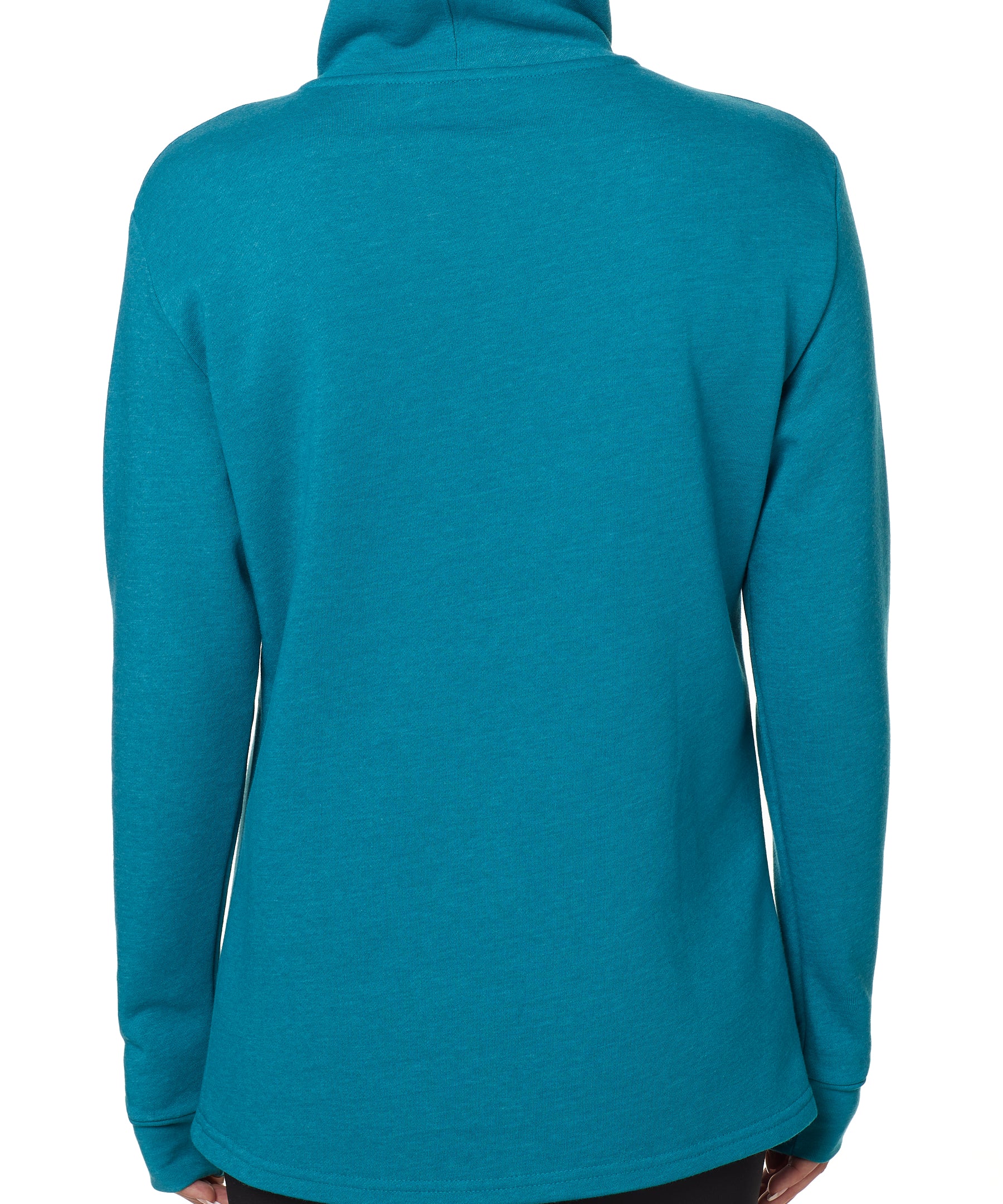 back view of a female model wearing a teal hoodie on a white background