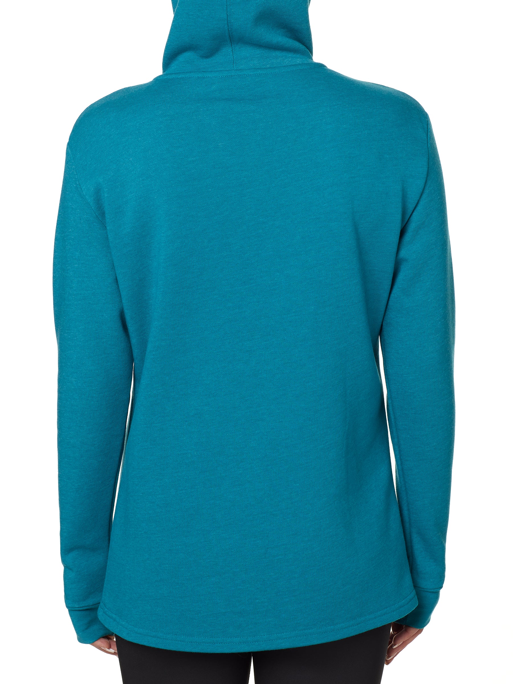 back view of a female model wearing a teal hoodie on a white background
