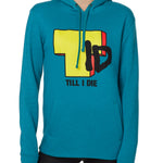 Front view of a female model wearing the TID TV hoodie in Teal, displayed on a white background. The graphic features a large block-style yellow "T" alongside hand-drawn black "I" and "D" lettering, with "Till I Die" text beneath.