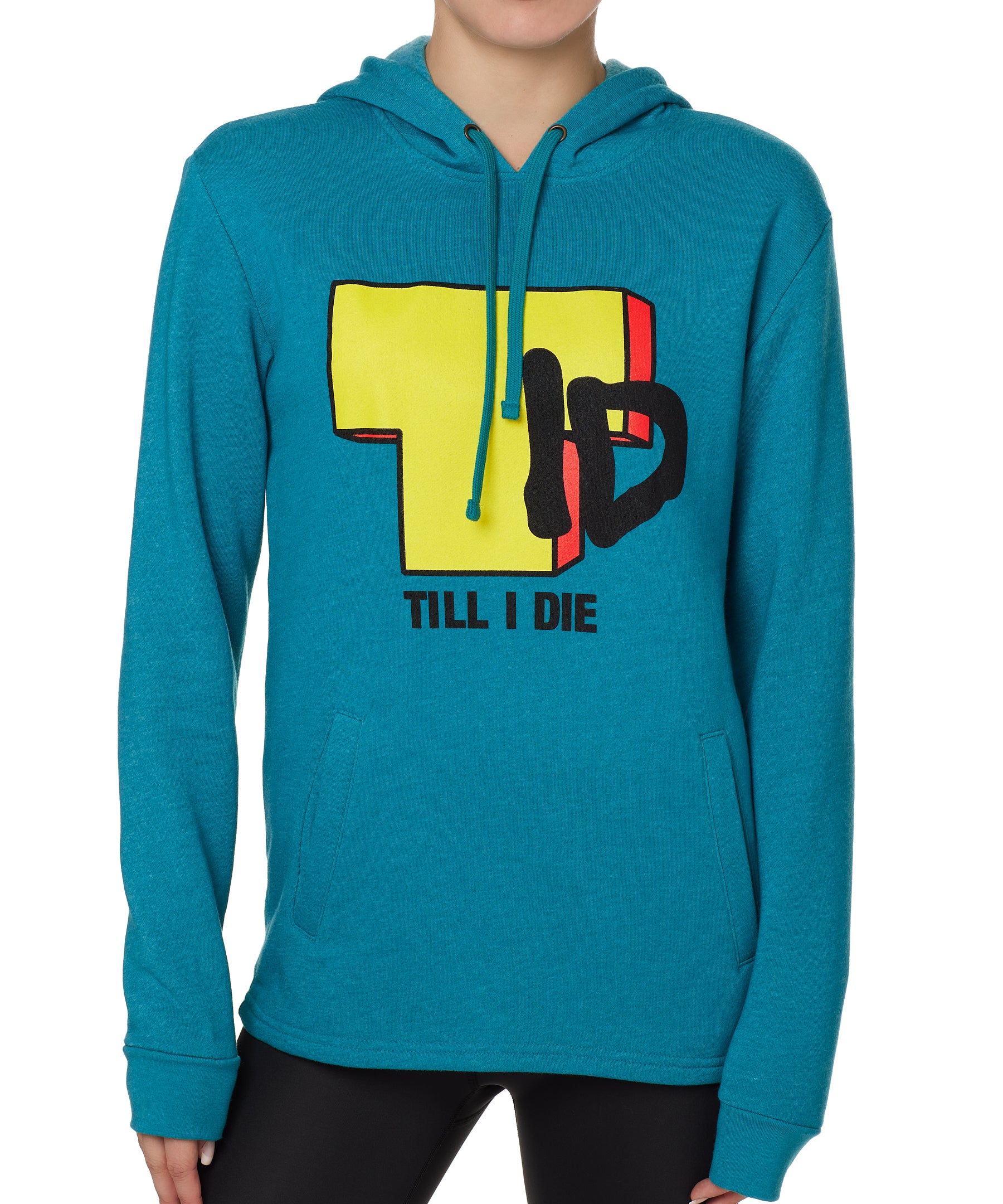 Front view of a female model wearing the TID TV hoodie in Teal, displayed on a white background. The graphic features a large block-style yellow "T" alongside hand-drawn black "I" and "D" lettering, with "Till I Die" text beneath.