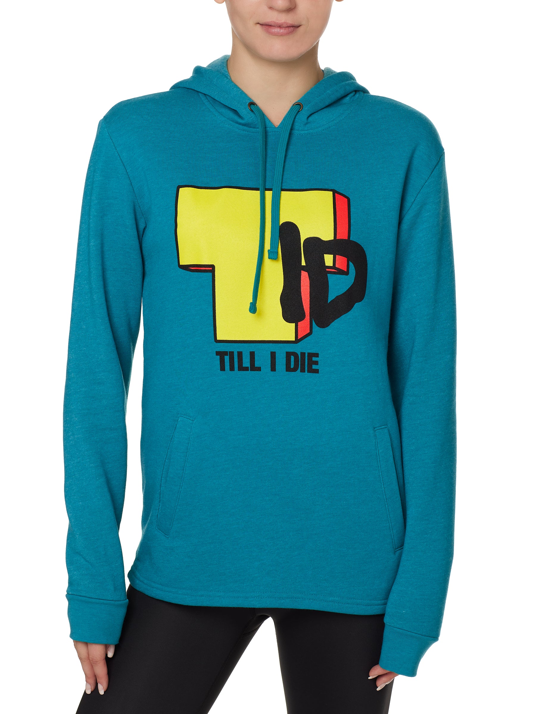 Front view of a female model wearing the TID TV hoodie in Teal, displayed on a white background. The graphic features a large block-style yellow "T" alongside hand-drawn black "I" and "D" lettering, with "Till I Die" text beneath.