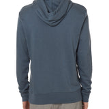 Back view of a male model wearing the Summer night hoodie in washed denim on a white background. Featuring a hood with fabric dyed to match fro a cohesive look.