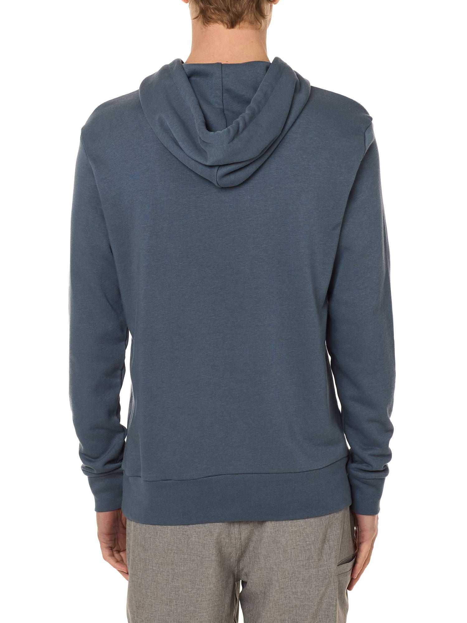 Back view of a male model wearing the Summer night hoodie in washed denim on a white background. Featuring a hood with fabric dyed to match fro a cohesive look.
