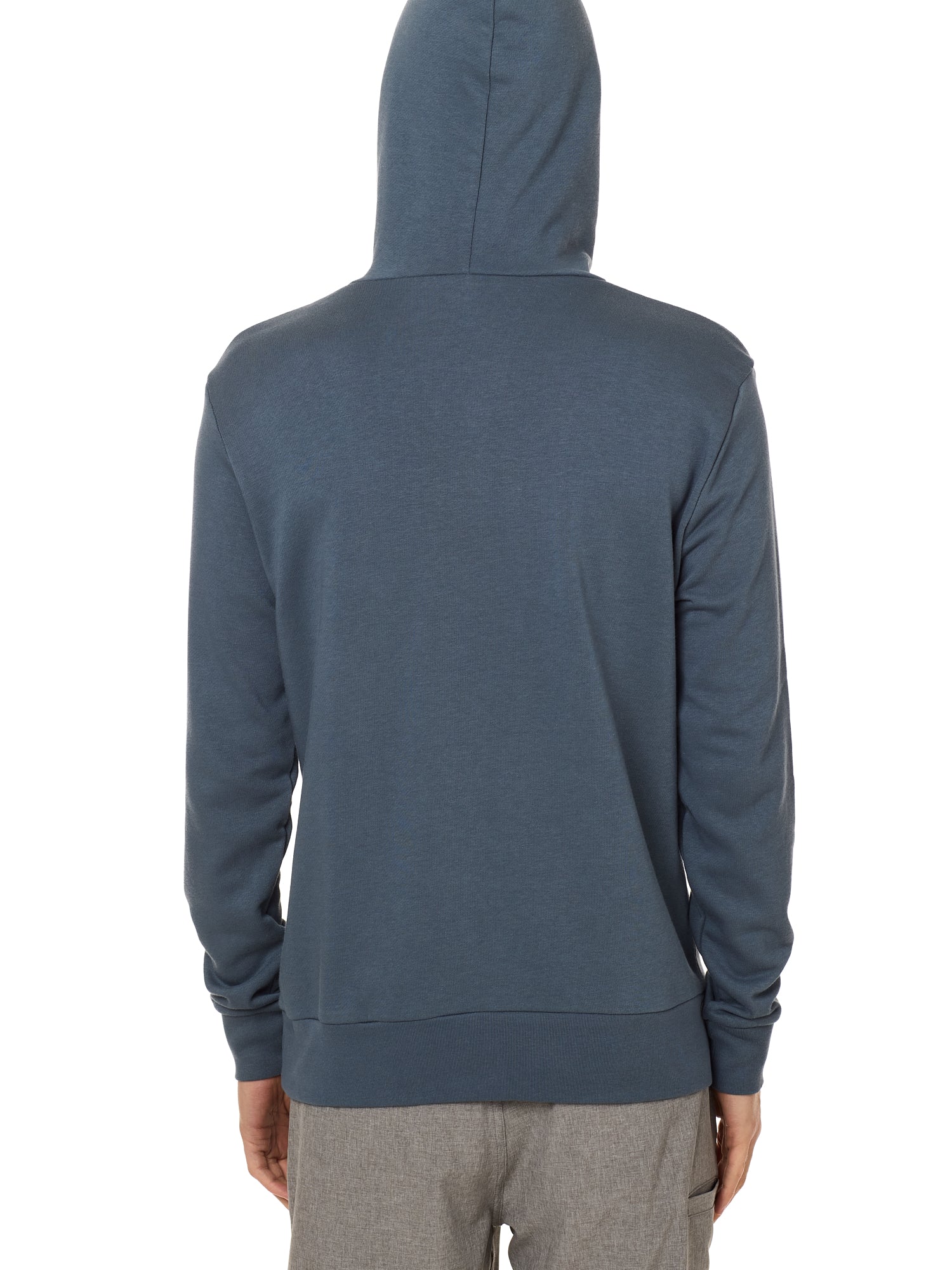 Back view of a male model wearing the Summer night hoodie in washed denim on a white background. 