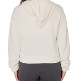 Back view of a female model wearing the vintage white classic hoodie