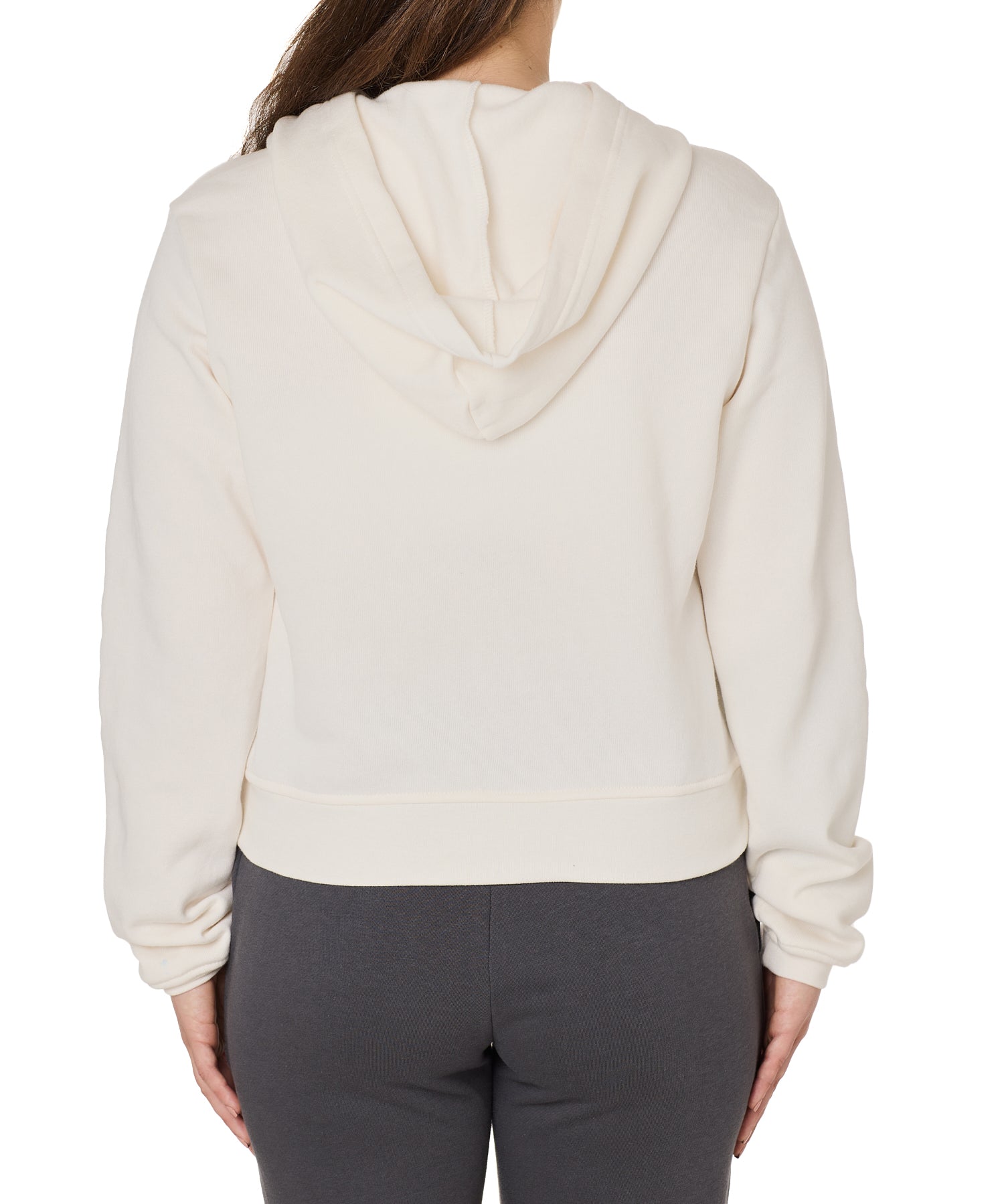 Back view of a female model wearing the vintage white classic hoodie