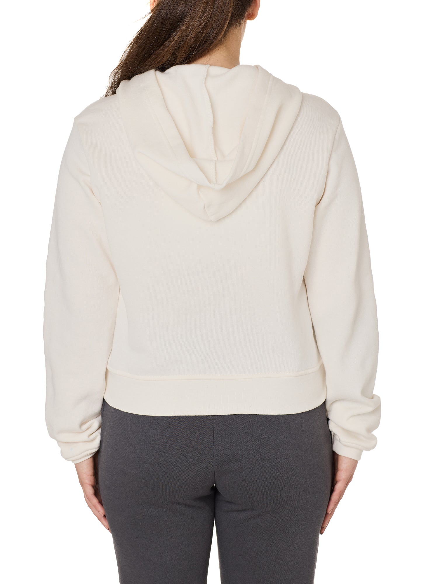 Back view of a female model wearing the vintage white classic hoodie