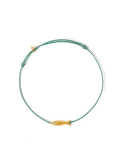 top view of the copper fish bracelet featuring a sage green adjustable drawcord and brass fish with a teal cubic zirconia eye