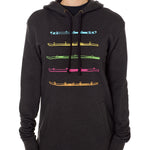 A female model wearing a black hoodie with 'Till I Die' logo and colorful shot ski graphics.