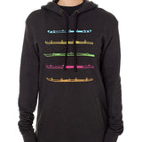 A female model wearing a black hoodie with 'Till I Die' logo and colorful shot ski graphics.