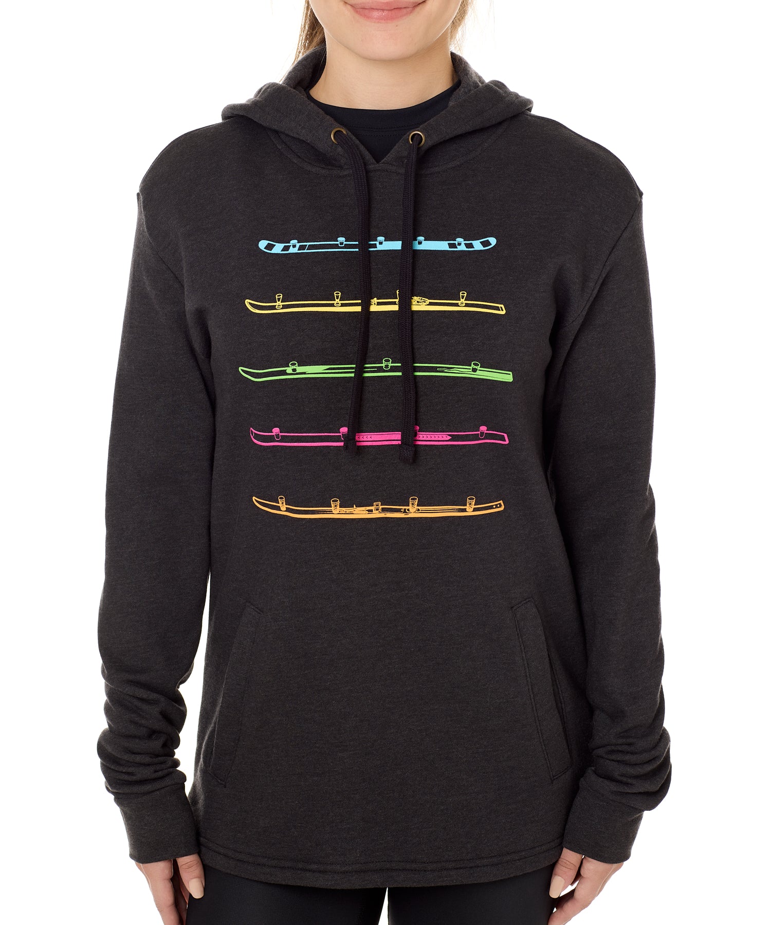 A female model wearing a black hoodie with 'Till I Die' logo and colorful shot ski graphics.