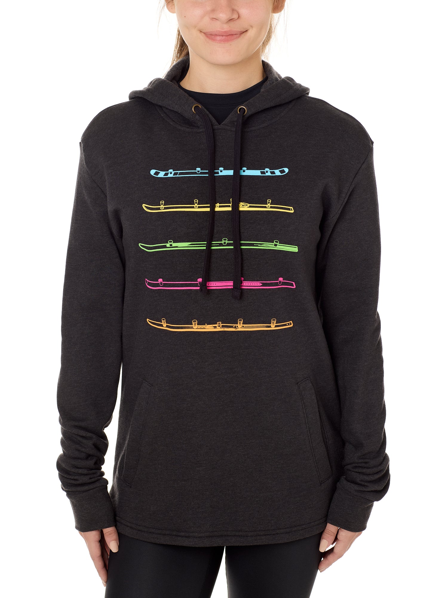 A female model wearing a black hoodie with 'Till I Die' logo and colorful shot ski graphics.