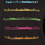 Detail view of the black Shot Ski hoodie on a white background, featuring five multicolored shot skis illustrated in a line art style across the front.