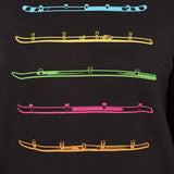 Detail view of the black Shot Ski hoodie on a white background, featuring five multicolored shot skis illustrated in a line art style across the front.