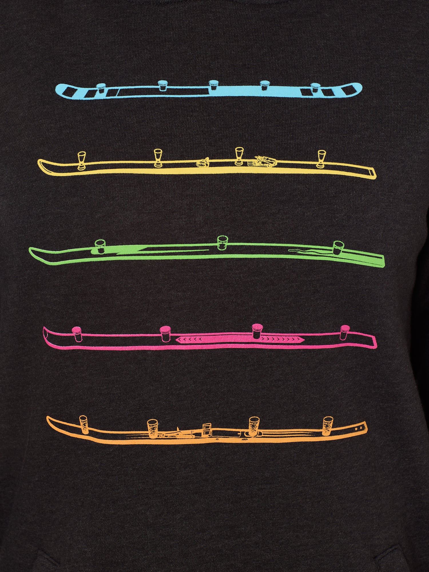 Detail view of the black Shot Ski hoodie on a white background, featuring five multicolored shot skis illustrated in a line art style across the front.