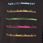 Detail view of the black Shot Ski hoodie on a white background, featuring five multicolored shot skis illustrated in a line art style across the front.
